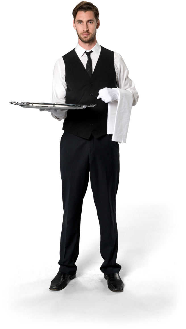 Serious Caucasian man with short dark brown hair in uniform holding tray - Isolated