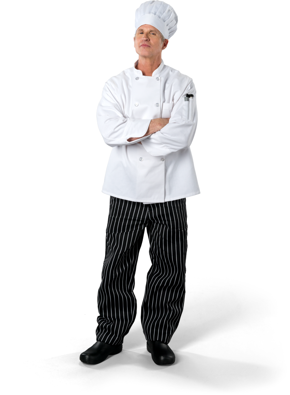 Serious Caucasian Chef in uniform with arms folded - Isolated